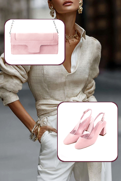 Dress slingback heels in light pink leather with medium flare heels and round toe - Worn view